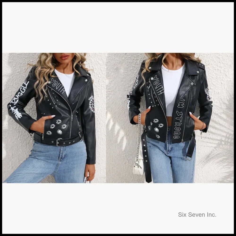 Faux Leather Punk Biker Jacket with Belt and Rivet Decoration - Picture 6 of 7